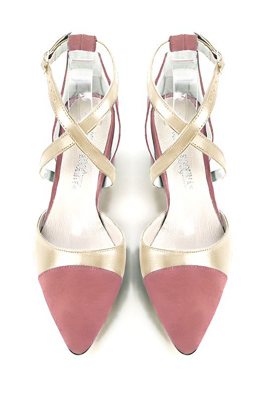 Dusty rose pink and gold women's open side shoes, with crossed straps. Tapered toe. Low flare heels. Top view - Florence KOOIJMAN